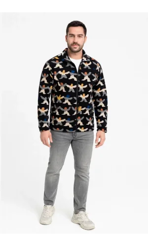Erkek Tam Fermuarlı Desenli Polar Sweat – Siyah Multicolor Figür Desen Yakalı, Uzun Kollu, Oversize Rahat Kalıp- Siyah