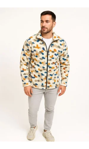 Erkek Tam Fermuarlı Desenli Polar Sweat – Siyah Multicolor Figür Desen Yakalı, Uzun Kollu, Oversize Rahat Kalıp- Beyaz