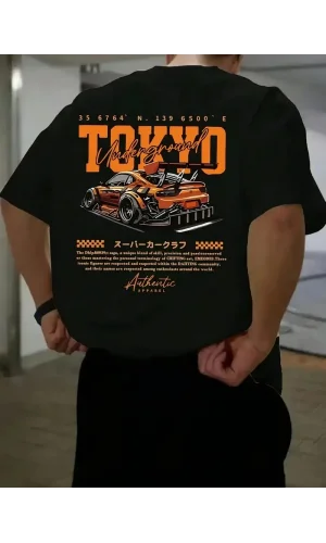 Erkek Turuncu Spor Araba Grafik Tişört - TOKYO Baskılı Günlük Oversize Kısa Kollu Tişört, Yetişkinler için Yazlık Giyim, Turuncu Araba Tasarımı- Siyah