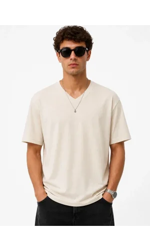 Erkek V Yaka Basic Tişört Kısa Kol Yazlık Regular Fit T-Shirt - Bej