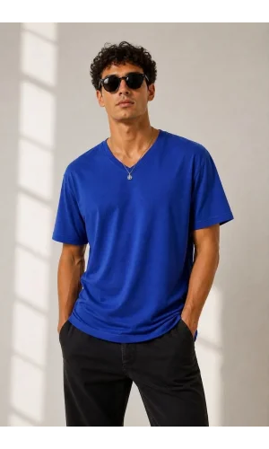 Erkek V Yaka Basic Tişört Kısa Kol Yazlık Regular Fit T-Shirt - Saks Mavisi