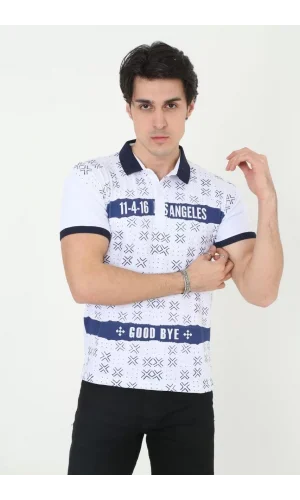 Erkek Yakalı Slim Fit Baskılı T-Shirt - Beyaz