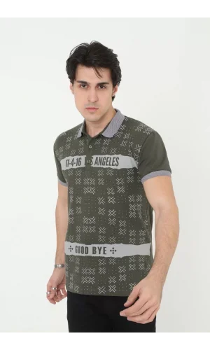 Erkek Yakalı Slim Fit Baskılı T-Shirt - Haki
