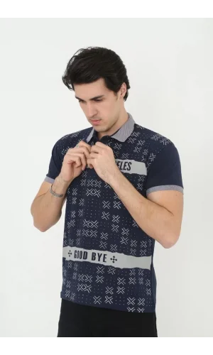 Erkek Yakalı Slim Fit Baskılı T-Shirt - Lacivert