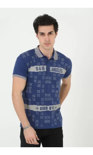 Erkek Yakalı Slim Fit Baskılı T-Shirt - Mavi