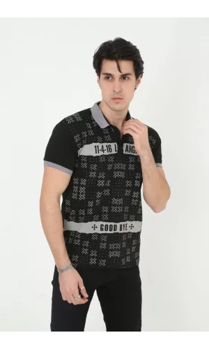 Erkek Yakalı Slim Fit Baskılı T-Shirt - Siyah