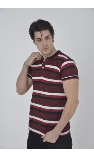 Erkek Yakalı Slim Fit Dokuma Çizgili T-Shirt - Bordo