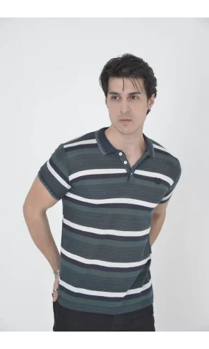 Erkek Yakalı Slim Fit Dokuma Çizgili T-Shirt - Haki