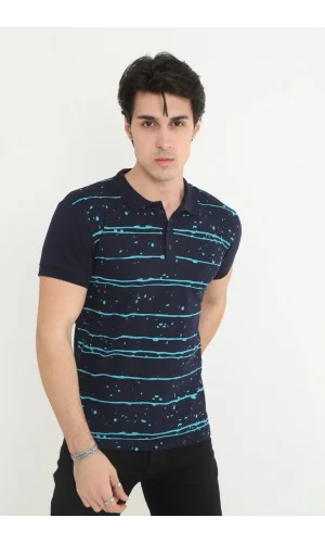 Erkek Yakalı Slim Fit Pike Çizgili T-Shirt - Lacivert