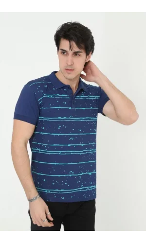 Erkek Yakalı Slim Fit Pike Çizgili T-Shirt - Mavi