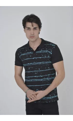 Erkek Yakalı Slim Fit Pike Çizgili T-Shirt - Siyah