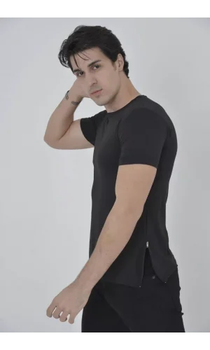Erkek Yandan Fermuarli Slim fit T-shirt - Siyah