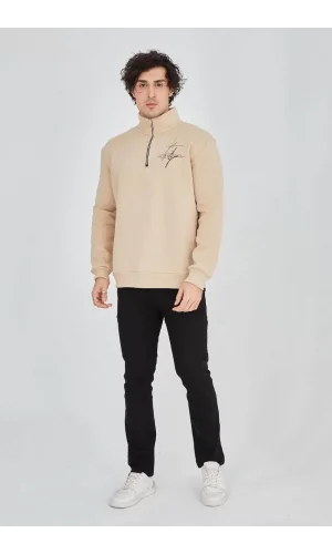 Erkek Yarım Fermuarlı Baskılı Sweat - Bej