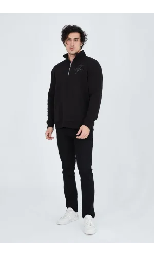 Erkek Yarım Fermuarlı Baskılı Sweat - Siyah