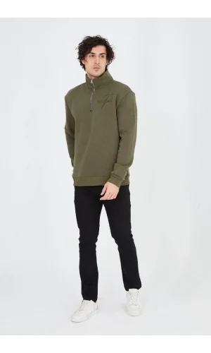 Erkek Yarım Fermuarlı Baskılı Sweat - Yeşil