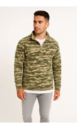 Erkek Yarım Fermuarlı Desenli Polar Sweat – Haki Kamuflaj Yakalı, Uzun Kollu, Oversize Rahat Kalıp - Haki