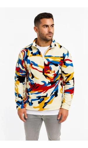 Erkek Yarım Fermuarlı Desenli Polar Sweat – Renkli Abstract Desen Yakalı, Uzun Kollu, Oversize Rahat Kalıp,  - Beyaz