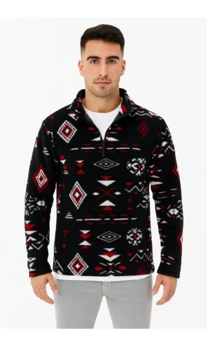 Erkek Yarım Fermuarlı Desenli Polar Sweat Tribal Etnik Desen Yakalı, Uzun Kollu, Oversize Rahat Kalıp, - Siyah