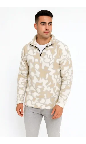 Erkek Yarım Fermuarlı Desenli Polar Sweat Yakalı, Uzun Kollu, Oversize Rahat Kalıp - Bej