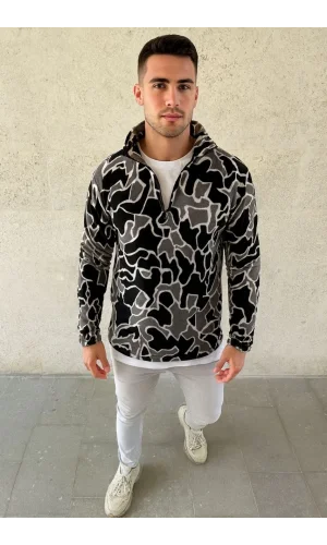 Erkek Yarım Fermuarlı Desenli Polar Sweat Yakalı, Uzun Kollu, Oversize Rahat Kalıp - Siyah