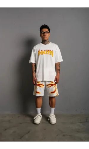 Erkek Alev Baskılı İkili Şortlu Takım - Beyaz