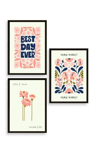 Flower Market Üçlü Ahşap Çerçeveli Tablo