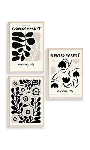 Flower Market Üçlü Ahşap Çerçeveli Tablo