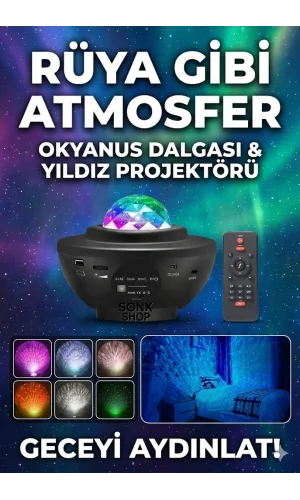 Galaksi Yıldız Projektörü ve Bluetooth Hoparlör 10 Renk Modlu Okyanus Dalgalı Gece & Disko Lambası