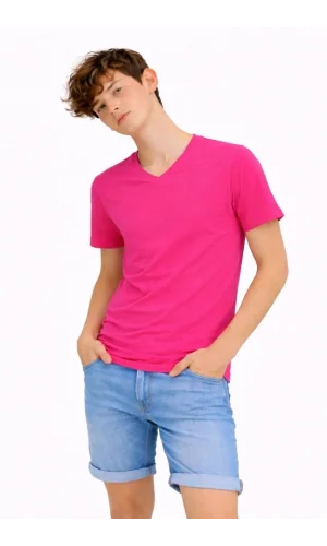 Genç Erkek Çocuk V Yaka Tişört Yazlık Model Günlük Basic Body - Pembe