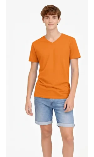 Genç Erkek Çocuk V Yaka Tişört Yazlık Model Günlük Basic Body - Turuncu