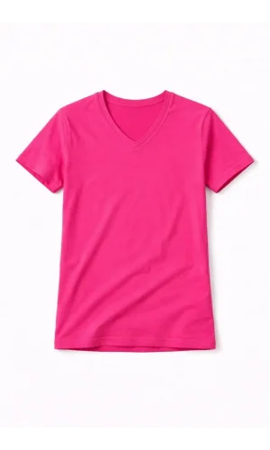 Genç Kız Çocuk V Yaka Tişört Yazlık Model Günlük Basic Body - Pembe