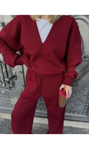 Geniş V Yaka Üç İplik Sweat Takım - Bordo