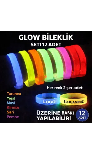 Glow Kalın Bileklik 12’li Set | Baskıya Uygun Renkli Model