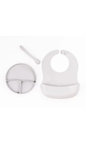 Gri 3’lü Silikon Yemek Seti – Önlük + Diş Kaşıyıcılı Kaşık + Vakumlu Tabak