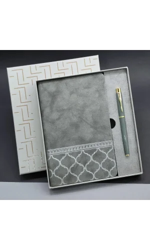 Gri Renk Defter Ve Metal Roller Kalem Seti