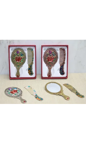 Gül Tasarımı Ayna Ve Tarak Seti Küçük Boy