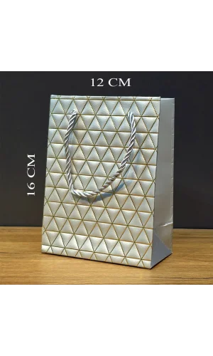 Gümüş Geometrik Desenli Mini Boy Karton Hediye Çantası