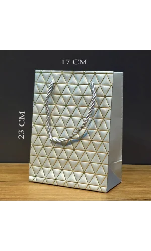 Gümüş Geometrik Desenli Orta Boy Karton Hediye Çantası