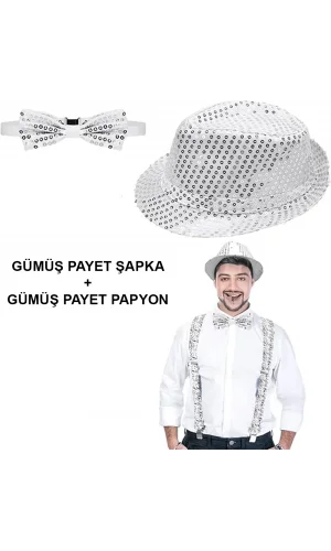 Gümüş Payetli Şapka ve Papyon Seti – Parıltılı Yetişkin Kostüm Seti