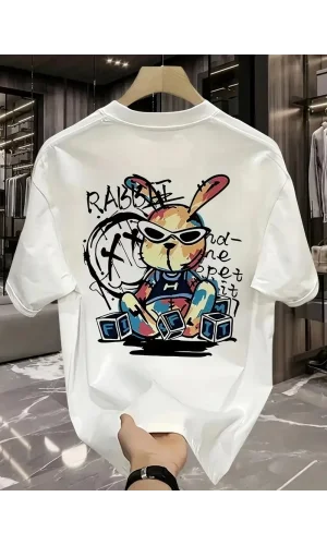 Güneş Gözlüğü Grafikli Karikatür Tavşan Oversize Kısa Kollu Tişört Çift Tişört, İlkbahar Ve Yaz - Beyaz