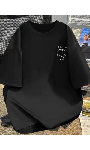 [Günlük T-Shirt] Hafif Kadın Günlük T-Shirt | Bol Kesim, Kısa Kollu, Yuvarlak Yaka, Eğlenceli Karikatür Ayı ve Umrumda Değil Baskı - Günlük Stil, İlkbahar/Yaz- Siyah