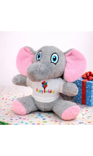 Happy Birthday Tişörtlü Sevimli Peluş Fil