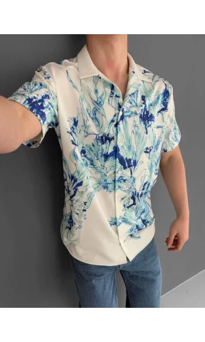 İki İplik Kumaş Baskılı Gömlek - Beyaz