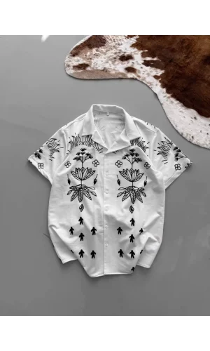 İki İplik Kumaş Baskılı Gömlek - Beyaz
