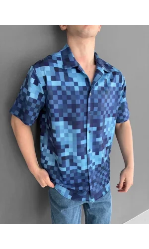 İki İplik Kumaş Baskılı Gömlek - Mavi