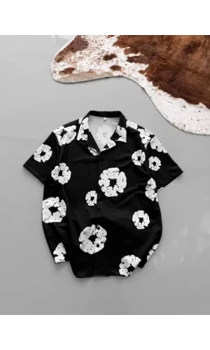 İki İplik Kumaş Baskılı Gömlek - Siyah