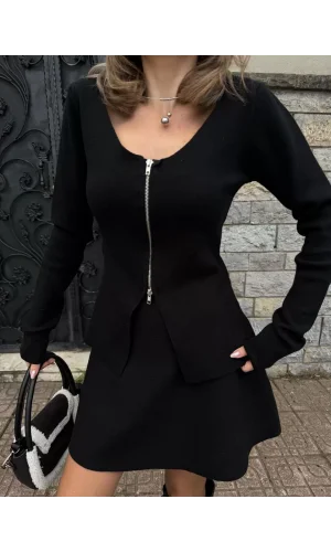 İkili Fermuarlı Hırkalı Etekli Takım - Siyah