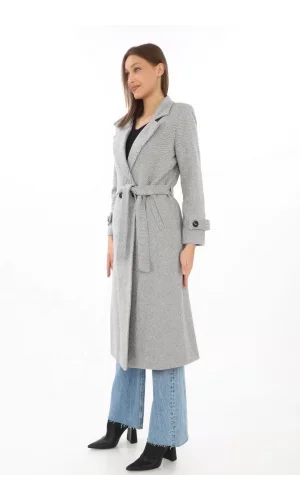 Kadın Astarlı Balık Sırtı Kaşmir Kaşe Kaban - Gri