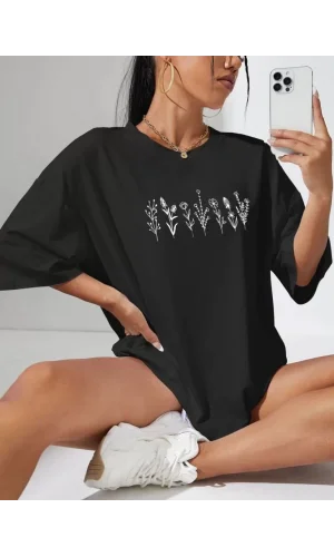 Kadın Baskılı Oversize T-shirt - Siyah