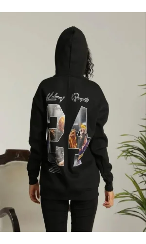 Kadın Baskılı Oversize Üç İplik Kapüşonlu Sweatshirt - Siyah